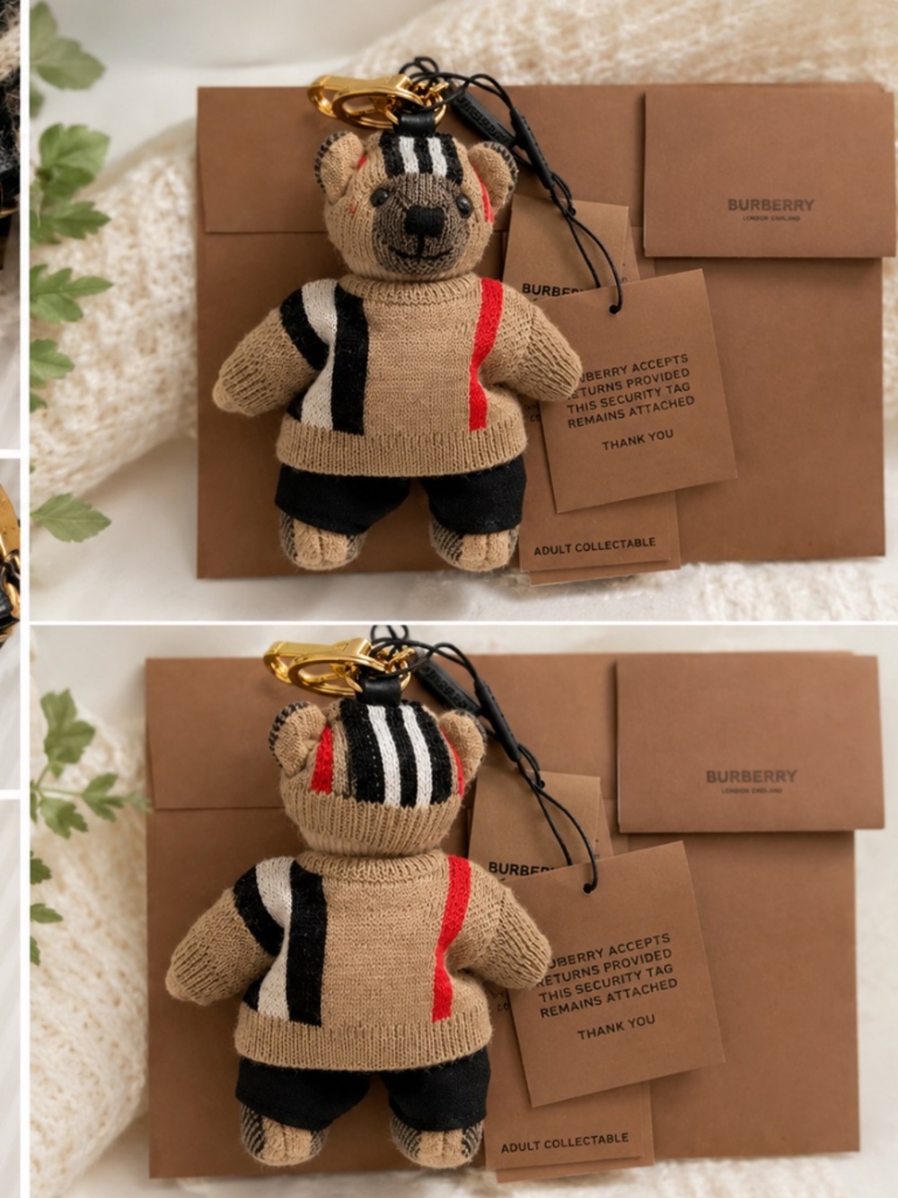 Burberry Thomas Bear Charm in Icon Stripe Sweater & Beanie – New